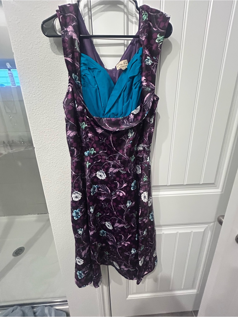 Lindy Bop Purple Floral Midi Dress with Teal Bodice